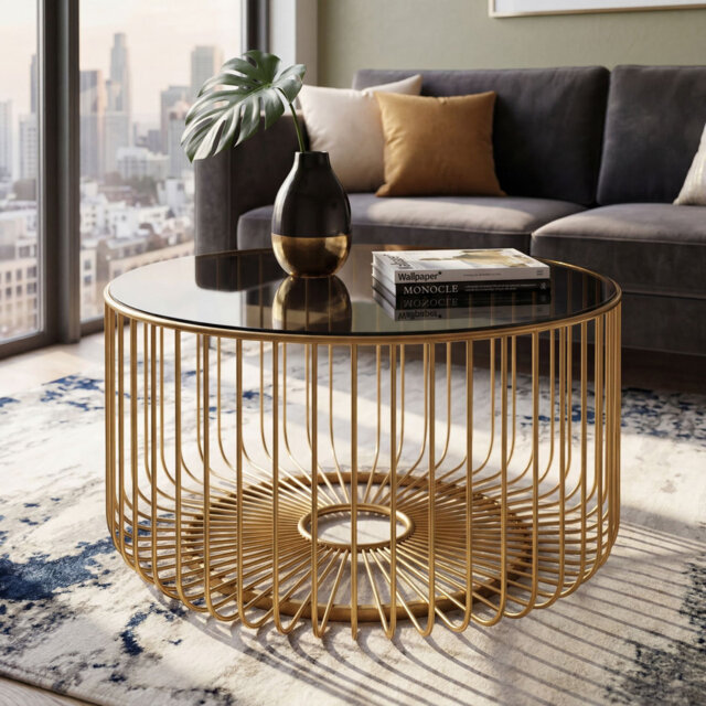 Round Glass Coffee Table with Gold Frame