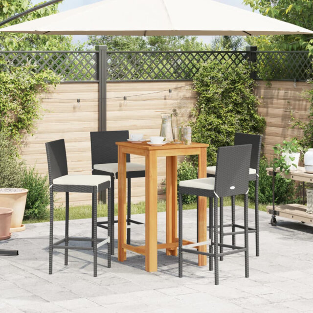 5 Piece Garden Bar Set Black Solid Wood Acacia And Poly Rattan