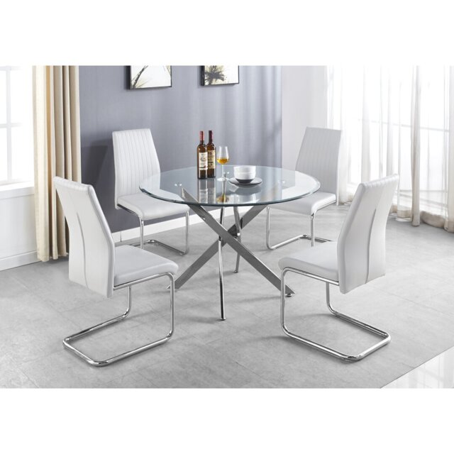 Tierra Modern Chrome Metal & Glass Round Dining Table Set with 4 Upholstered Faux Leather Chairs