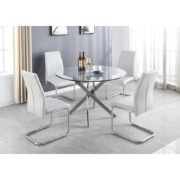 Tierra Modern Chrome Metal & Glass Round Dining Table Set with 4 Upholstered Faux Leather Chairs