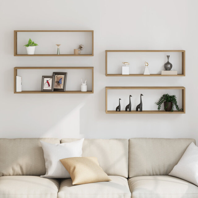 Wall Shelf Set Of 4 Black Oak Engineered Wood 80 X 15 X 26 Cm