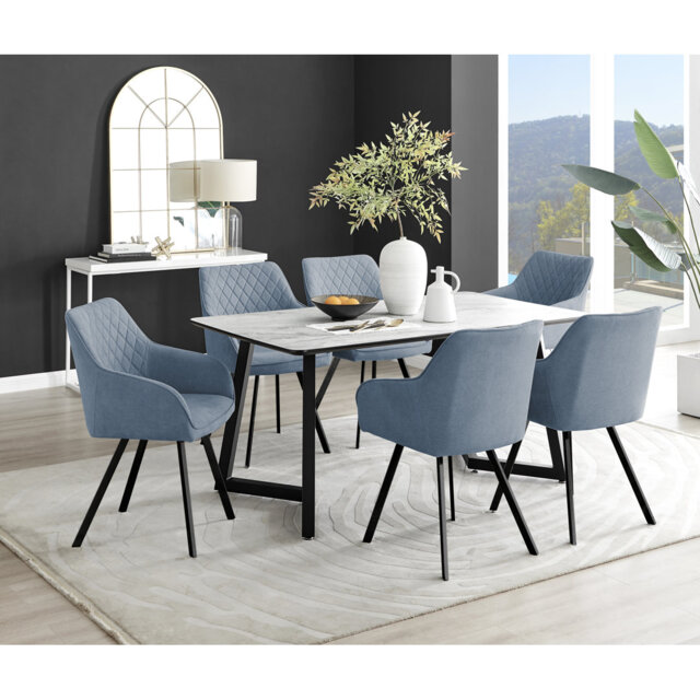 Industrial Design White & Grey Marble Effect Melamine Dining Table Set with 6 Upholstered Chairs