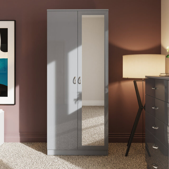 Brendle 2 Door Mirror Wardrobe - High Gloss Finish, Soft Close Doors, Full-Length Mirror, Polished Metal Handles