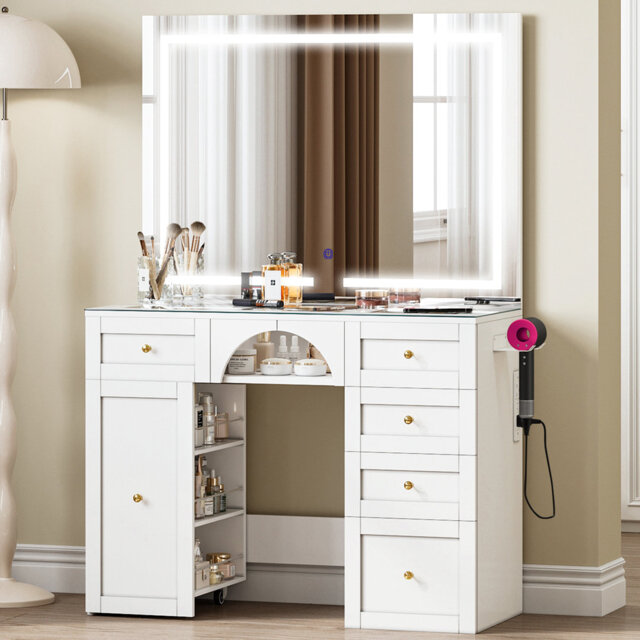 Transparent Glass Tabletop Vanity Desk, White Dressing Table With Large Mirror And Mobile Storage Trolley, Jewellery Storage, 5 Drawers, 3-coloured Li