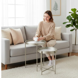 Glass Top Side Silver Table Set of 2 - Modern Lift-Off Tray End Tables with Round Edges for Living Room, Bedroom and Office