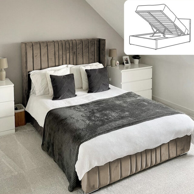 Vista Wingback Ottoman Storage Bed - Plush Velvet Gas Lift Bed Frame with Headboard