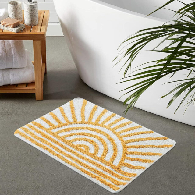 "Boho Yellow White Sun Bath Mat - Non-Slip Microfiber Rug, 18x26"" - Washable, Absorbent for Tub/Sink/Shower"
