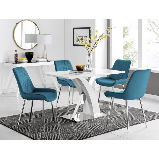 Marietta Chrome Metal & White High Gloss Dining Table Set - 4 Luxury Velvet Dining Chairs