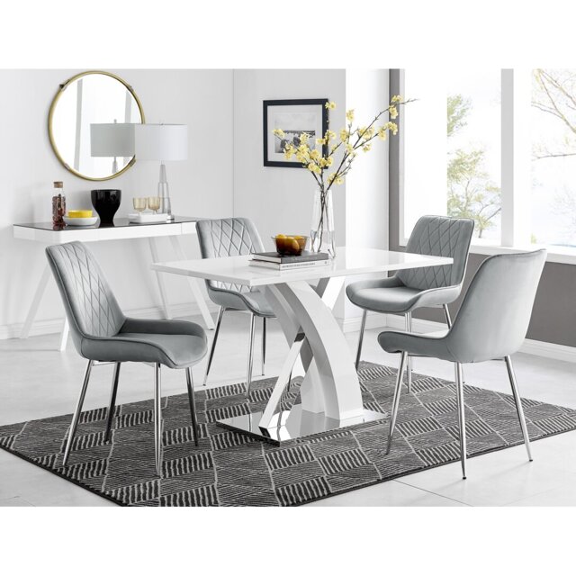 Marietta Chrome Metal & White High Gloss Dining Table Set - 4 Luxury Velvet Dining Chairs