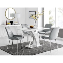 Marietta Chrome Metal & White High Gloss Dining Table Set - 4 Luxury Velvet Dining Chairs
