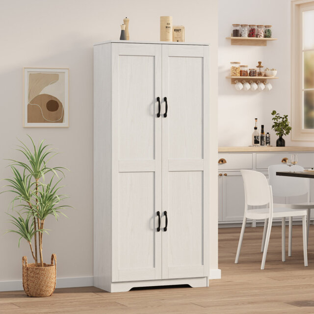 "60"" Kitchen Storage Pantry Cabinet, Farmhouse Deep Storage Cabinet with 3 Adjustable Shelves & 4 Doors, Large Rustic Wood Cupboard for Kitchen, Dining"