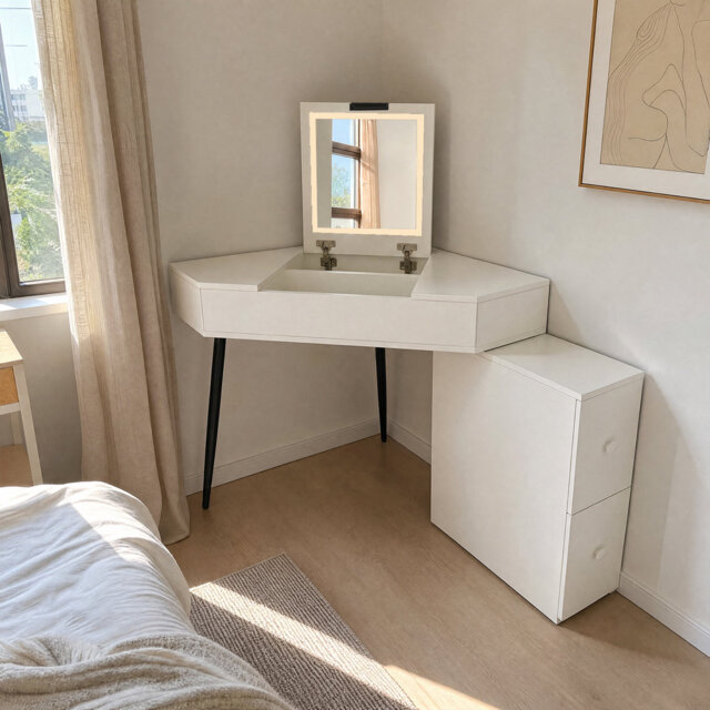 "43"" Modern Corner Dressing Table with 3-Colour LED Mirror & Stool - Reversible White Vanity Desk"
