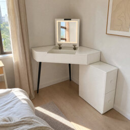 "43"" Modern Corner Dressing Table with 3-Colour LED Mirror & Stool - Reversible White Vanity Desk"