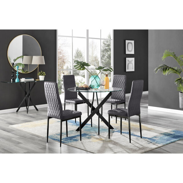 Bernell Modern Chrome Metal & Glass Round Dining Table Set with 4 Quilted Velvet Chairs