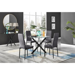 Bernell Modern Chrome Metal & Glass Round Dining Table Set with 4 Quilted Velvet Chairs