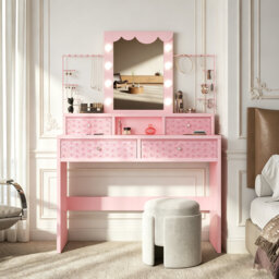 Dressing Table With Mirror, 4 Drawers Makeup Vanity With 3 Colors LED Light & Jewelry Storage Shelves