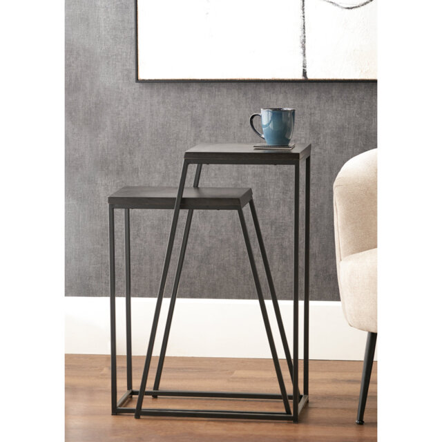 Anjelia S/2 Black Ash Veneer and Black Metal 2 Piece Nest of Tables
