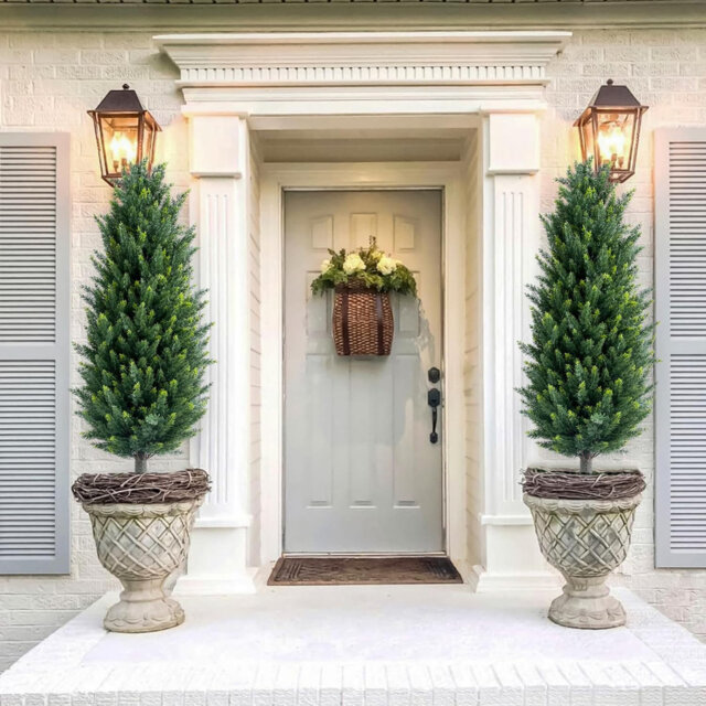 43.3 Inch Artificial Cypress Topiary Trees with Ground Spike for Outdoor,Fake Topiary Ball Trees Artificial Plant Brush for Indoor Outdoor,Set of 2