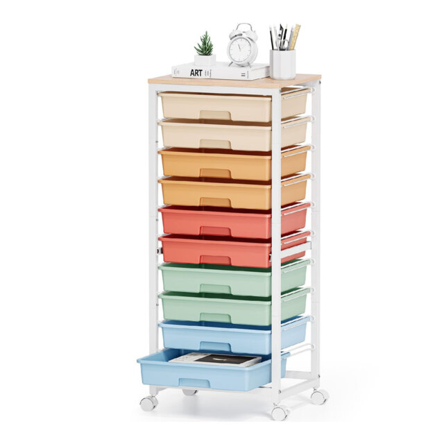 10-Drawer Rolling Storage Trolley with Wooden Top, Mobile Utility Organiser Cart for Office, Bedroom, Kids Room & Craft Room, Rainbow