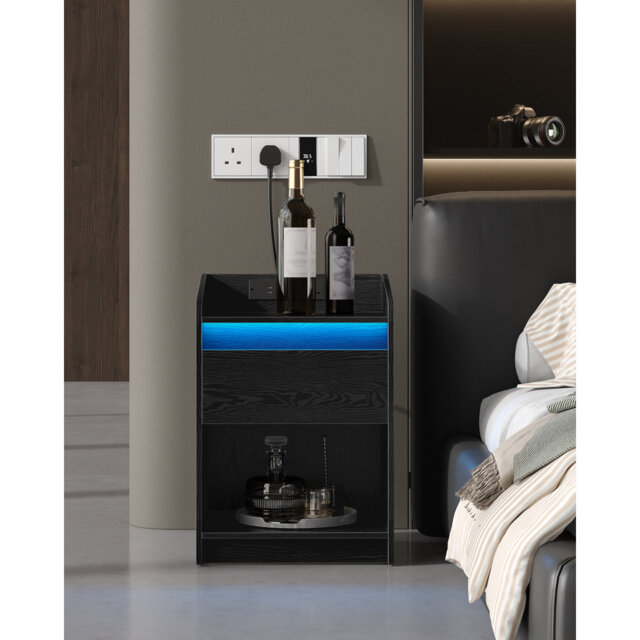 Bedside Table with LED Light, Bedside Cabinet with Charging Station, 1 Storage Drawer Nightstand for Bedroom, Living Room, 2 USB Port, 2 Outlets, Open
