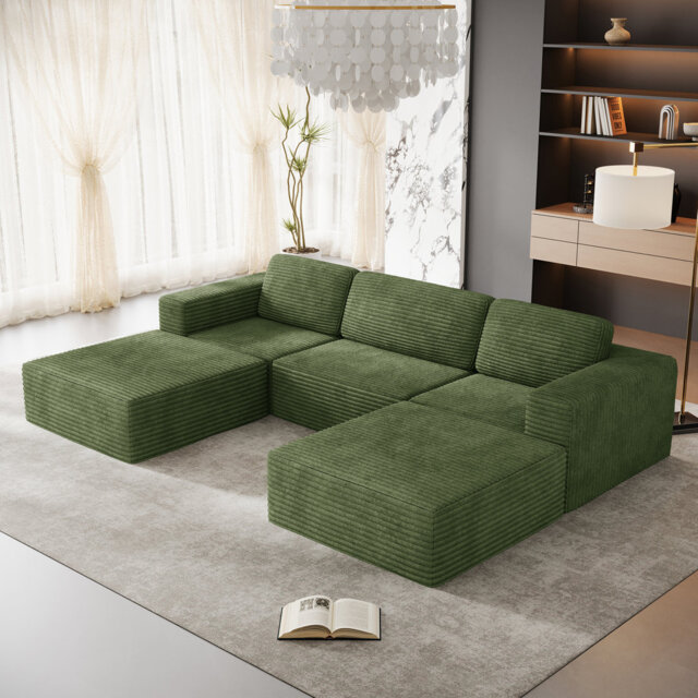 Modular Corduroy 303cm 3-seater Sofa With 2 Ottomans, No Assembly Required, With High Rebound Sponge