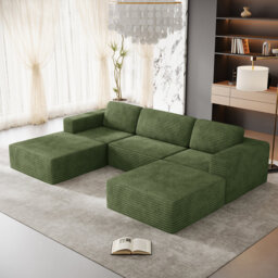 Modular Corduroy 303cm 3-seater Sofa With 2 Ottomans, No Assembly Required, With High Rebound Sponge