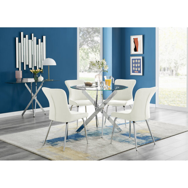 Tierra Modern Chrome Metal & Glass Round Dining Table Set with 4 Luxury Velvet Chairs