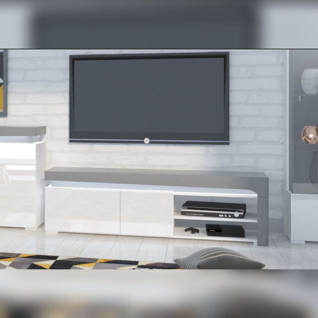 Eira Grey And White Gloss 159cm Wide Tv Stand Cabinet Unit With Cupboards And Shelf