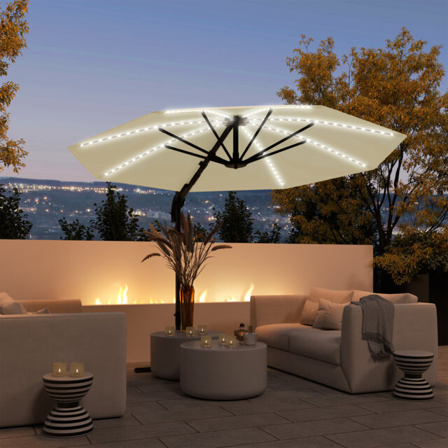 3m Cream Cantilever Garden Parasol, Upf 50+ 360° Rotation Patio Umbrella With Solar Led String Lights, Crank Handle, 4 Tilt Settings And Cross Base