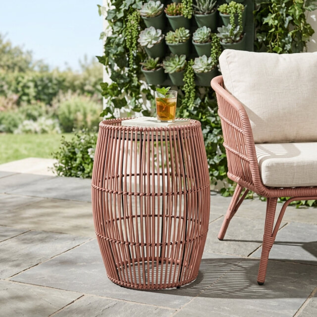 Outdoor Bamboo Drum Side Table with Iron Top, Weather-Resistant Boho Accent Table for Patio & Garden