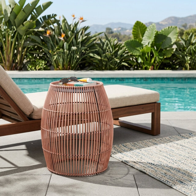 Outdoor Bamboo Drum Side Table with Iron Top, Weather-Resistant Boho Accent Table for Patio & Garden