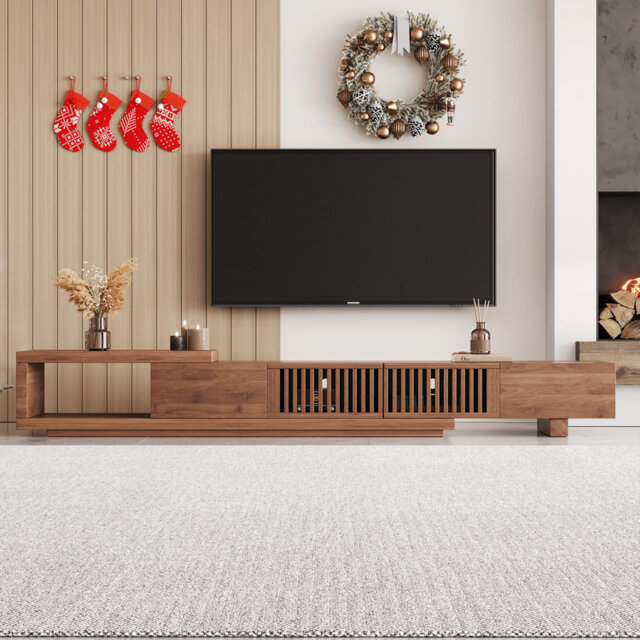 TV Stand for 75 inch TVs, Large Storage Cabinet, Expandable Modern Walnut Media Unit (2m-2.6m Wide) with Cable Ports, for Living Room & Bedroom