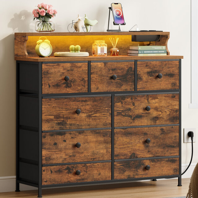 Chest of Drawers Bedroom, 9 Fabirc Chest of Drawers with 2 Sockets, 2 USB Ports and LED Strips, Bedroom Storage Drawers with Wood Top and Steel Frame