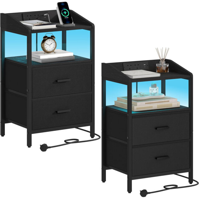 Bedside Table Set Of 2 With LED Lights And Charging Station, Bedside Cabinet With 2 Fabric Storage Drawers