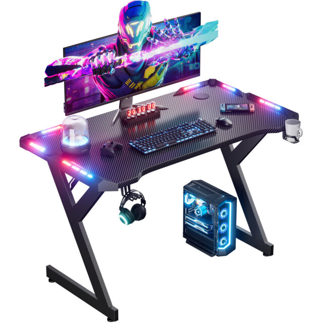 Y-Shaped Black Gaming Desk with LED Lights, Large Computer Desk Workstation with Cup Holder & Headphone Hook for Home Office