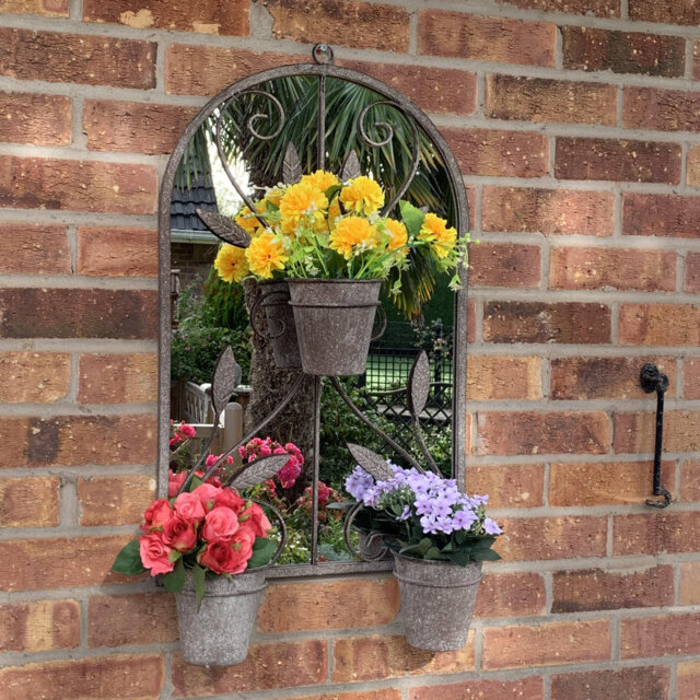 Vivienne Metal Framed Wall Accent Mirror with Planters Rustic Indoor Outdoor Garden Decor Grey Finish