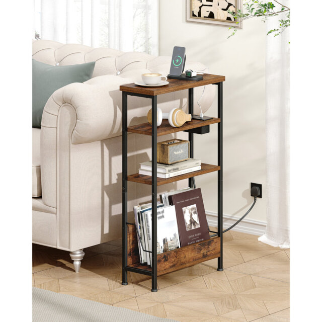 Narrow Side Table with Charging Station, 4-Tier Slim Bedside Table with Magazine Rack, Sofa End Table for Small Spaces, Living Rooms, Bedrooms, Study