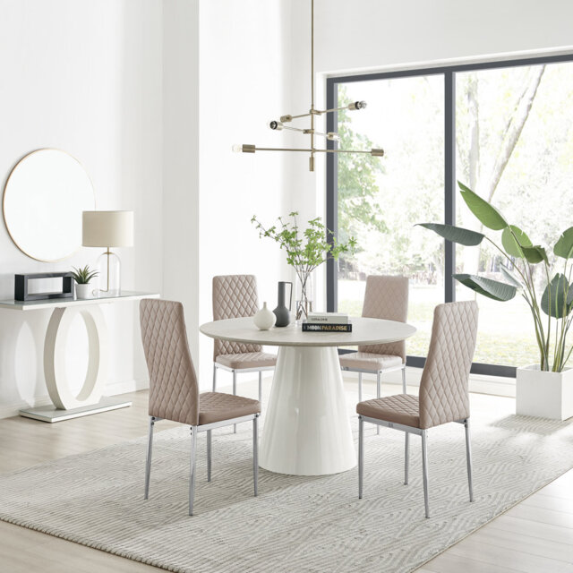 Edzard Statement Round Dining Table Set in Luxury Beige Stone Effect & 4 Faux Leather Dining Chairs