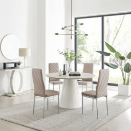 Edzard Statement Round Dining Table Set in Luxury Beige Stone Effect & 4 Faux Leather Dining Chairs