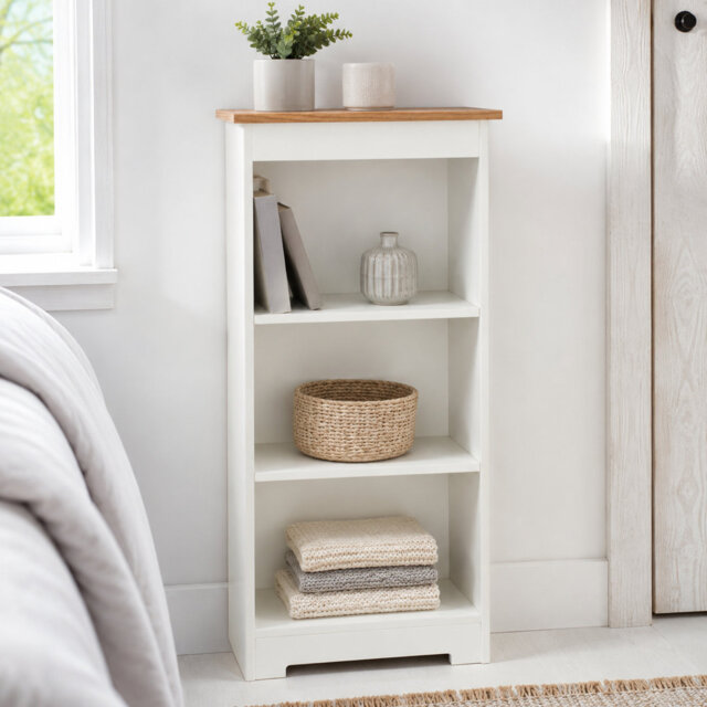 Ainsa 3-Shelf Bookcase, Soft White Painted & Oak Veneer Effect Top