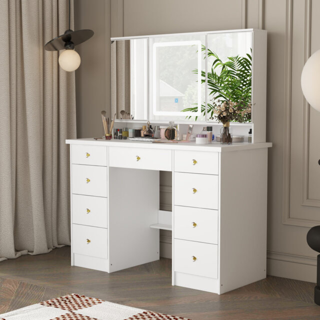 110cm Wide Dressing Table with 3-Colour LED Mirror & 9 Drawers - Large Makeup Vanity Desk - White