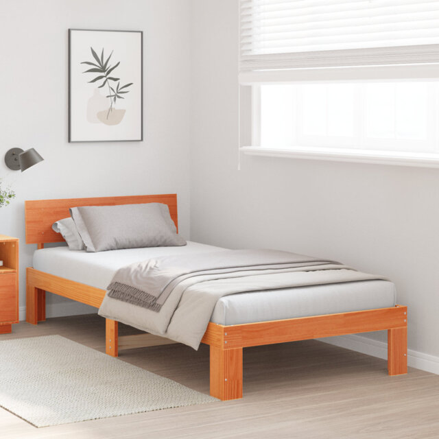 Bed Frame With Headboard Wax Brown Solid Pine Wood