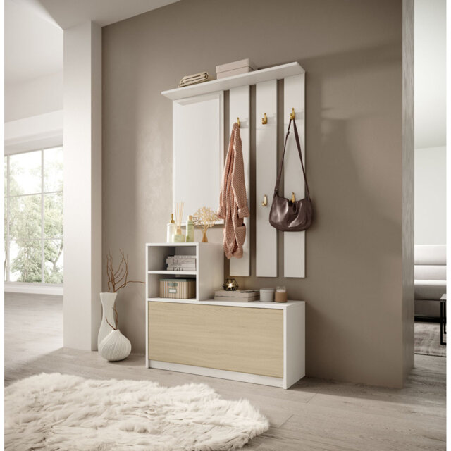 Hallway set Yesfir with shoe cabinet and hangers 85 cm white/Lindberg oak