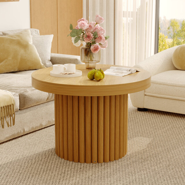 Round Coffee Table With Fluted Drum Base, Spacious Tabletop For Living Room, Natural
