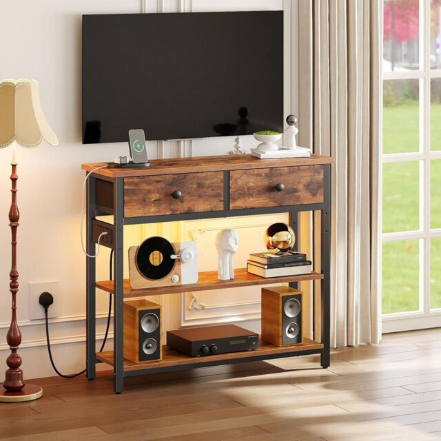 Console Table with Charging Station, 2 Drawers and LED Light, Rustic Brown