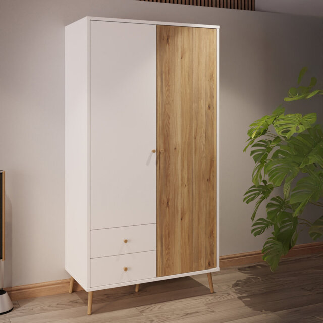 Mid-Century-Modern wardrobe, EasyKlix by Forte quick assembly system, 2 doors, 2 drawers, tall feet, engineered wood, white/oak decor, 104.5 cm W x 20