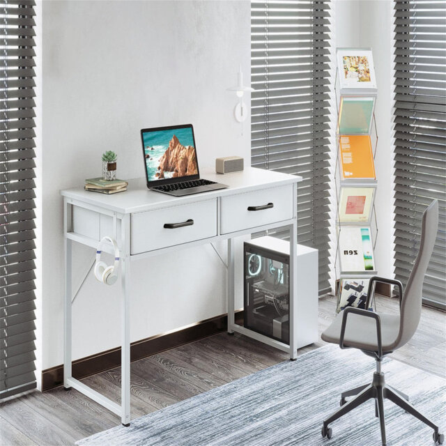 Desk with 2 drawers, small desk with headphone holder, office table, PC table, office table for the office, living room or home office