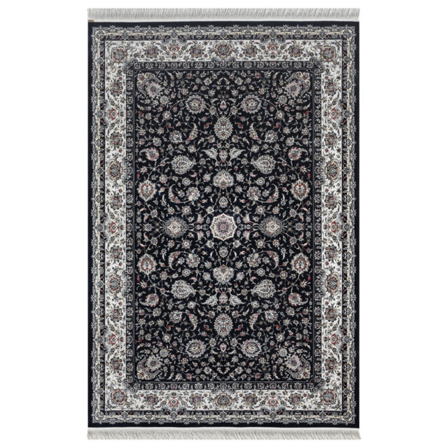 Minyatur Navy & White Medallion Area Rug – Traditional Low-Pile 100% Viscose Carpet, Flatwoven Design