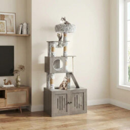 Spacious Multi-Level Cat Tree Tower with Enclosed Litter Box – Large Condo, Hammock, Washable Cushions, Scratching Posts, Cat Cave, Food Station, Stor
