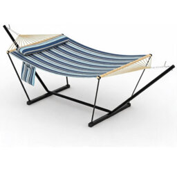 3.6m 2 Person Double Outdoor Hammock with Curved Wooden Spreader Bar, Blue Stripes Hammock with Detachable Pillow Chains & T-Shaped Bracket, 204kg Wei